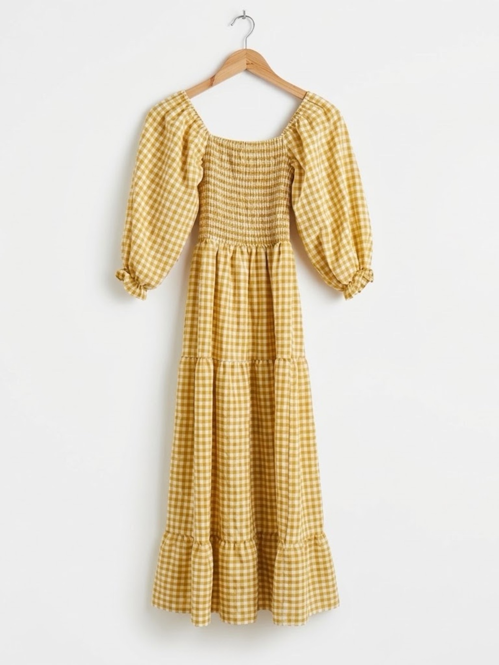 Smocked Gingham Maxi Dress in Mustard